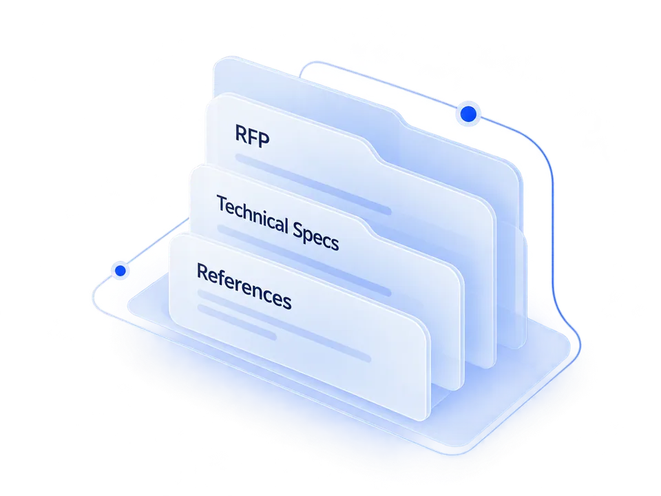 Layered B2B evaluation documents representing an RFQ, technical specifications and references.