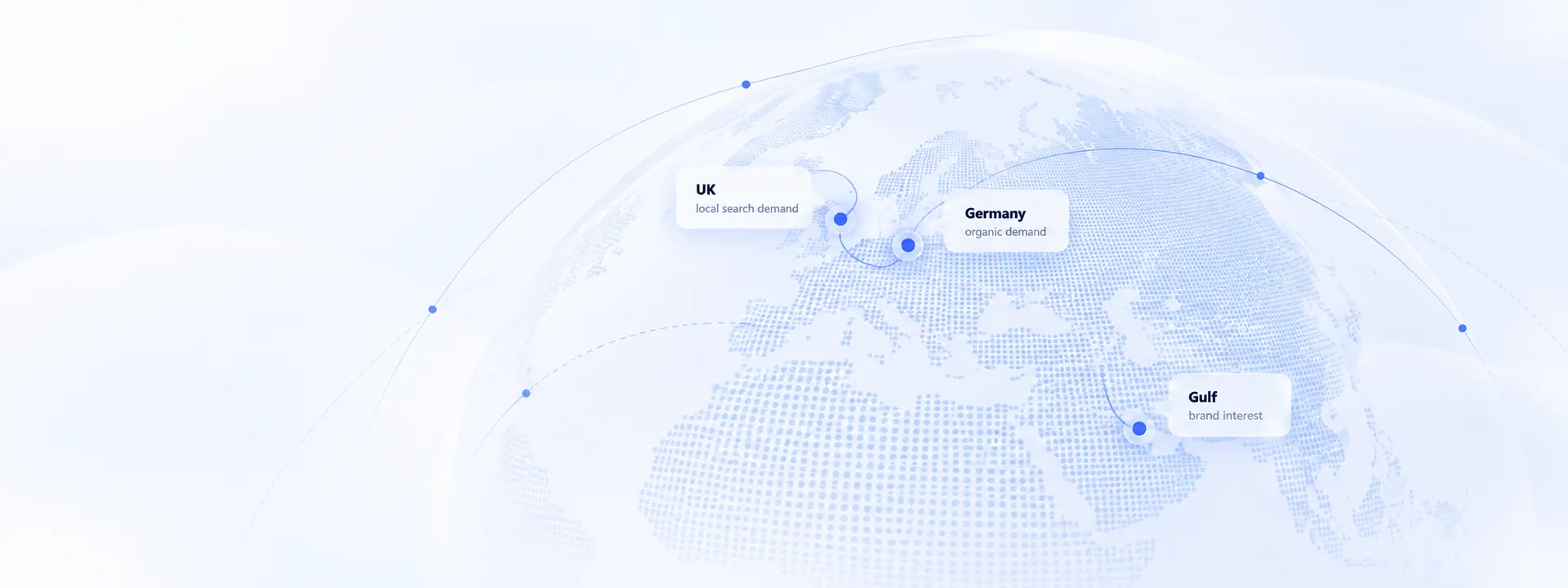 Dotted world map highlighting local search demand in the UK, organic demand in Germany and brand interest in the Gulf.