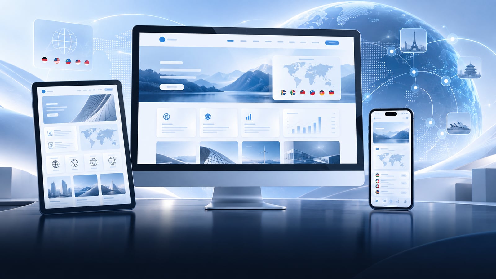 International website interface across desktop, tablet and mobile devices for global markets
